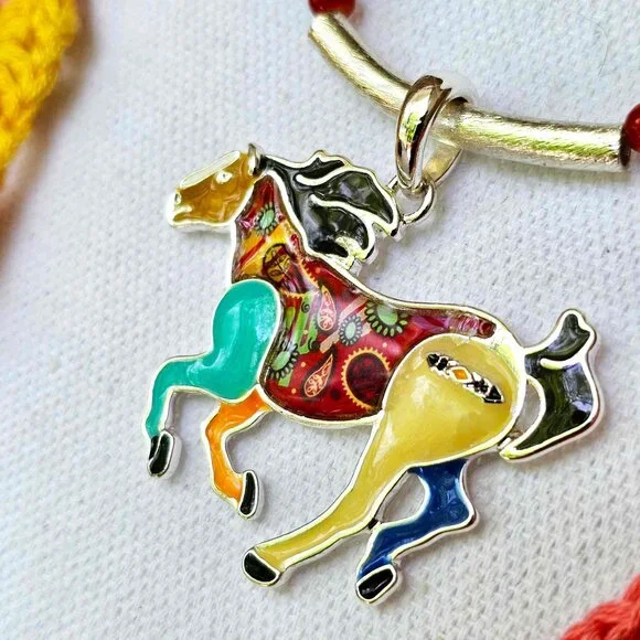 Artisan Hand Crafted Necklace Painted Horses Brown Suede Cord Colorful Beaded - Picture 4 of 12